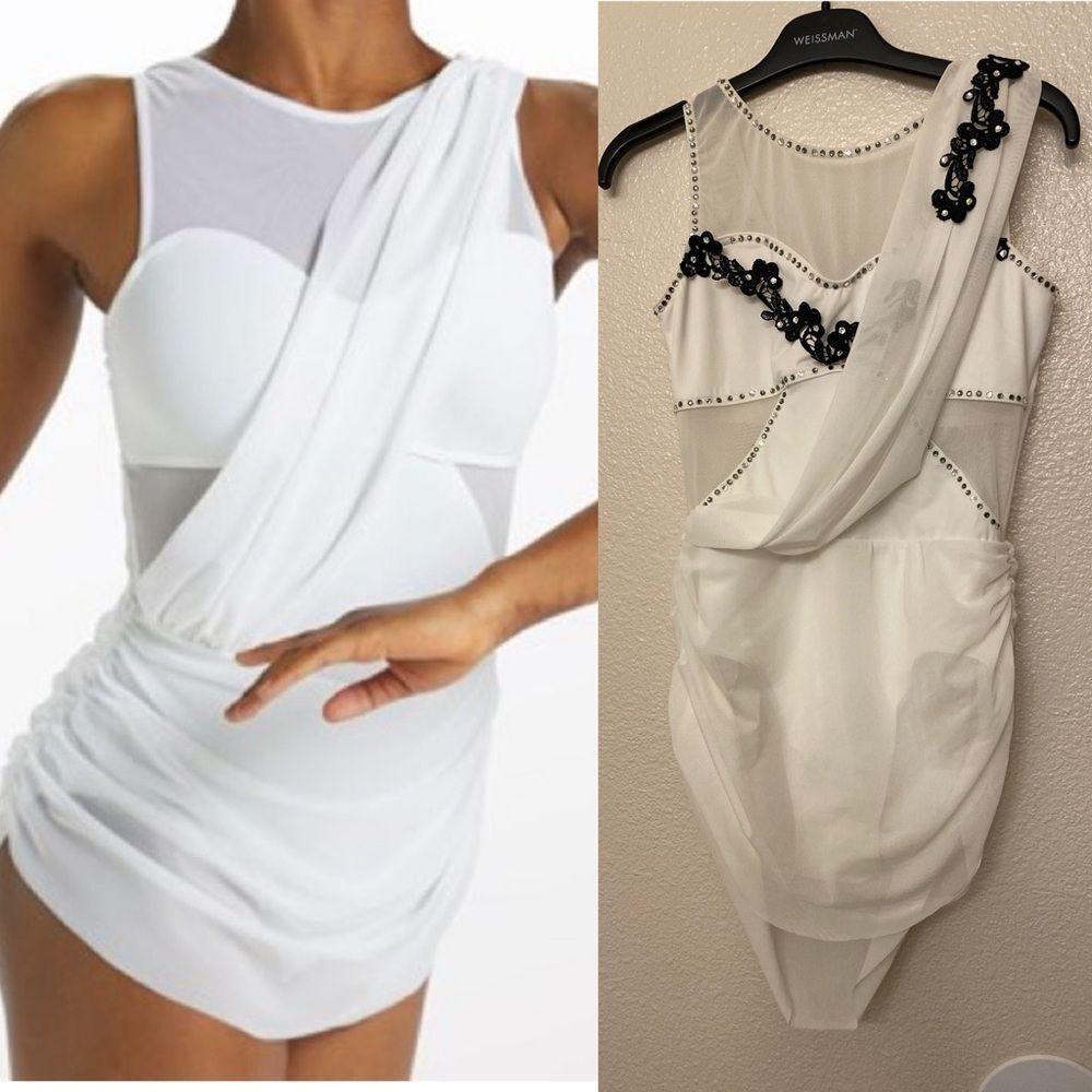 WEISSMAN Balera custom Dance white black Costume Mesh Drape Dress D11450 LC